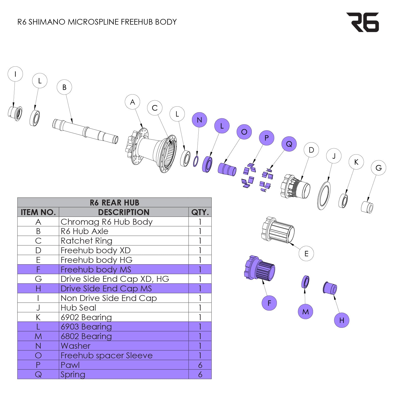 R6 Rear Hub Parts